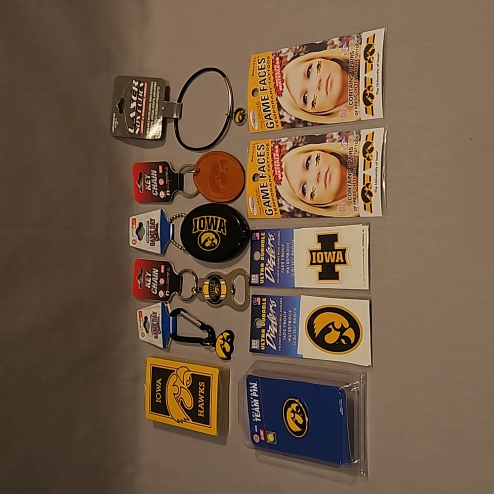 Iowa Hawkeyes Playing Cards Keychains Team Pin Tattoos Charm Bracelet Lot